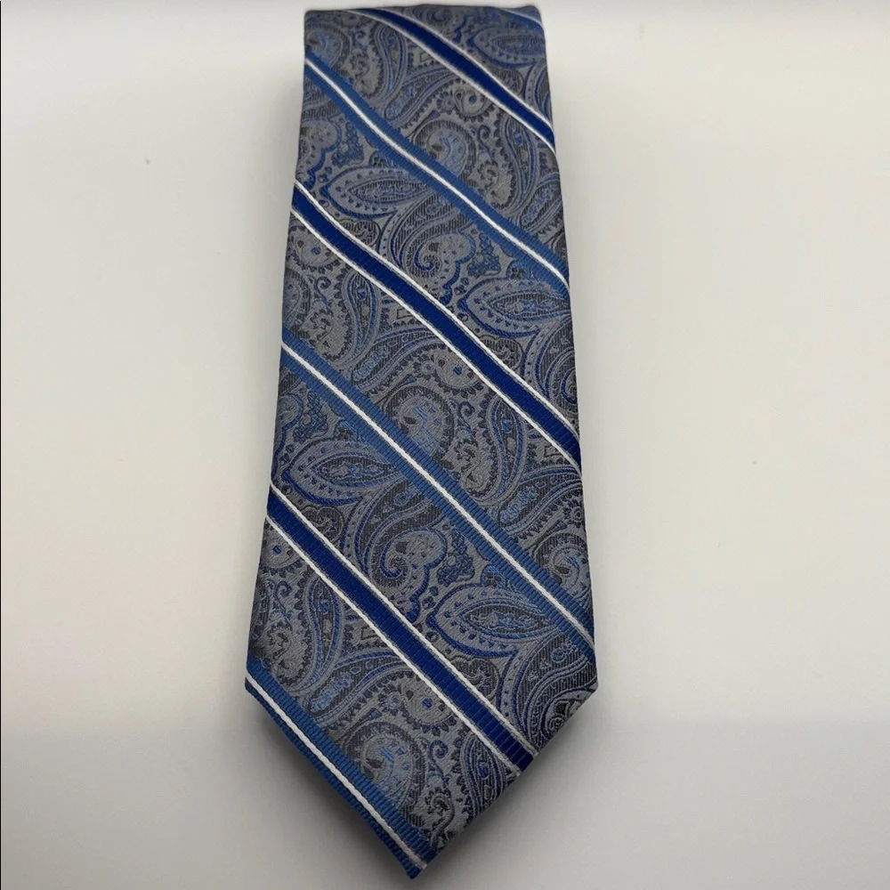 PRONTO UOMO Couture Silk Necktie LUXURY Silver Blue Striped Paisley